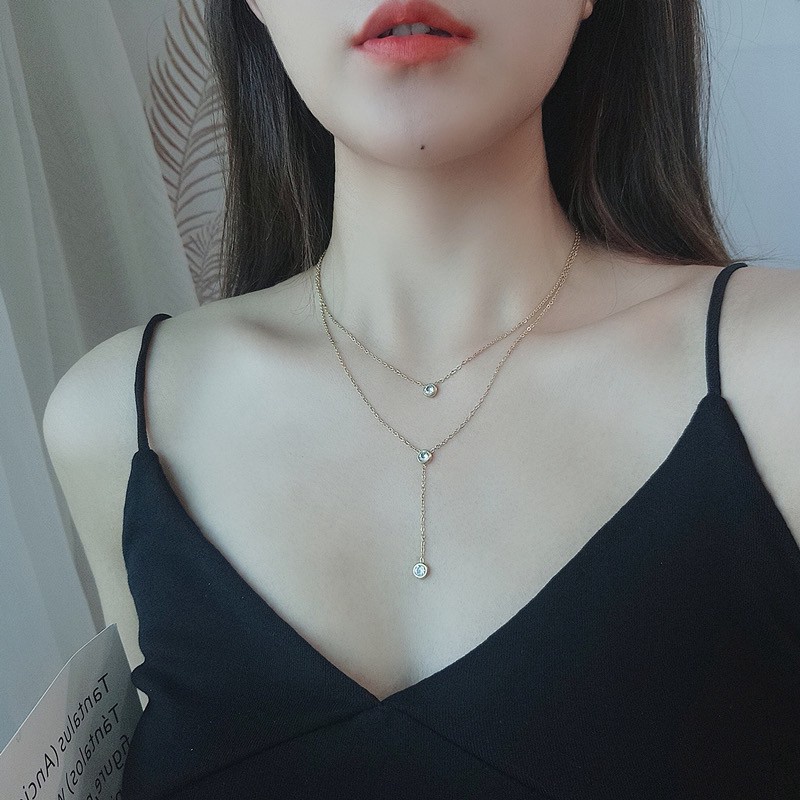 Kalung Rantai Klavikula Bahan Titanium Steel Plated 18K Rose Gold Aksen Berlian Rumbai Gaya Korea Untuk Wanita