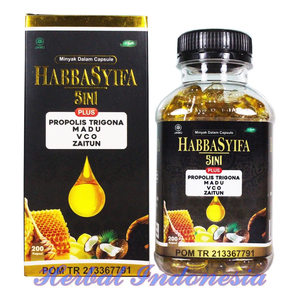 Kapsul Minyak Habbatussauda Habbasyifa 5 in 1 Isi 200 - Habbasyi Plus propolis trigona, madu, vco, zaitun