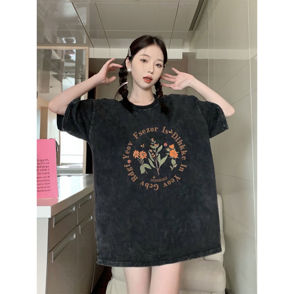 XIAOZHAINV Korean Style Round Flower Pattern Washed Printing Kaos Wanita