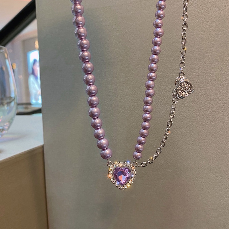 Cinta Amethyst Kalung Klavikula Mutiara Elegan Aksesoris Desain Wanita