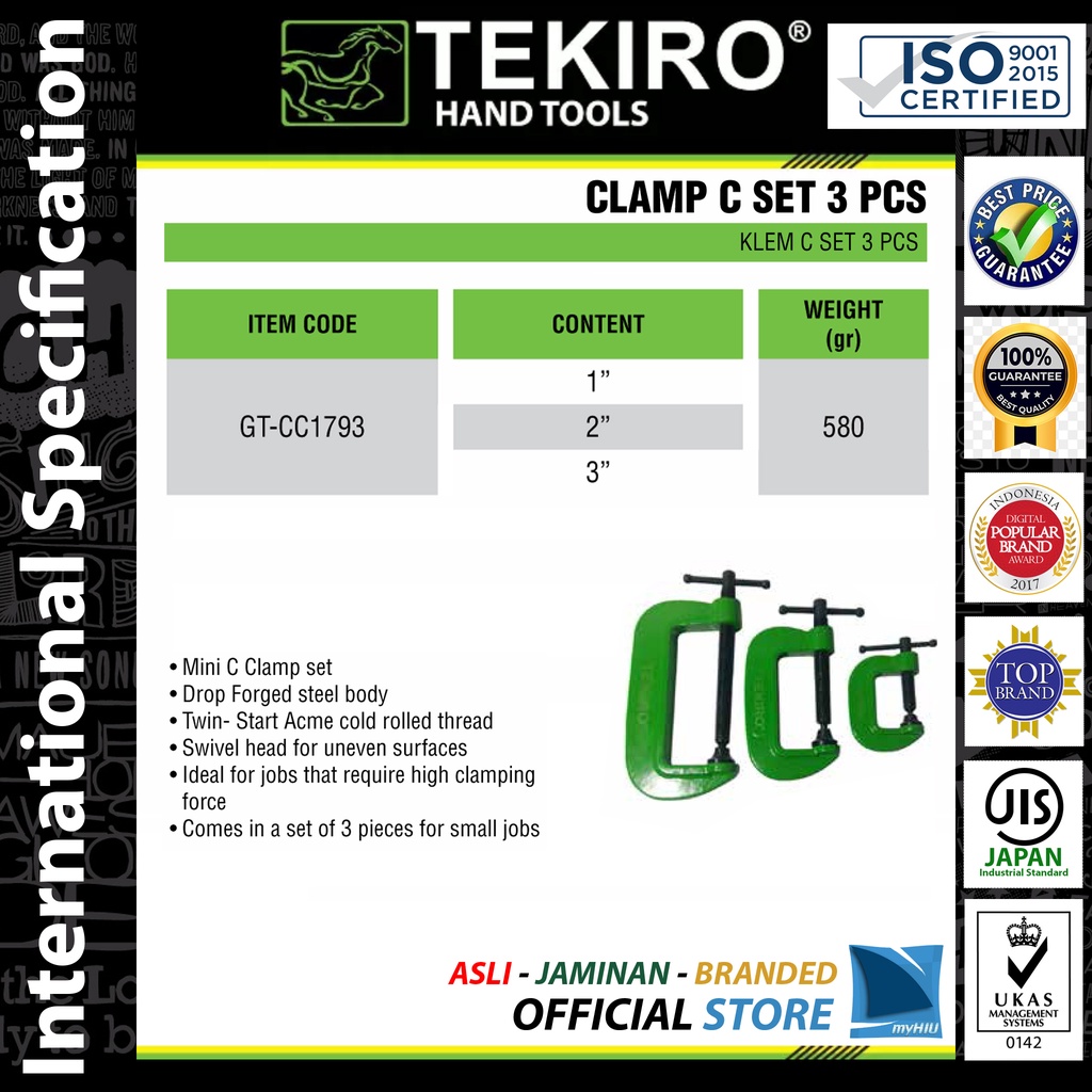 Alat Bantu Jepit Isi 3 pcs 1&quot;, 2&quot; dan 3&quot; inch Penahan Statis Model C Clamp / Clamping Set TEKIRO