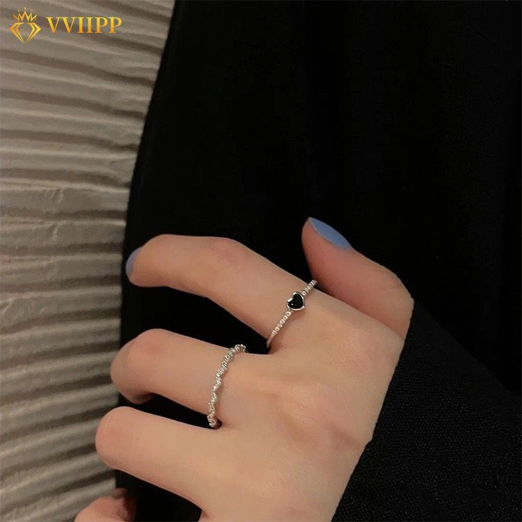 2pcs Set Cincin Hati Korea Cincin Jari Silver Simple Adjustable Untuk Aksesoris Perhiasan Wanita