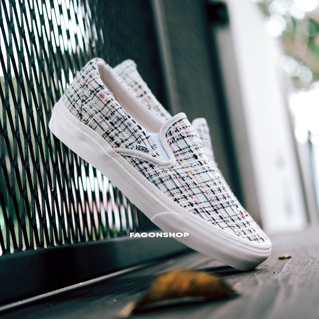 V4NS SLIP-ON WOVEN PLAID MARSHMALLOW WHITE CLASSIC ORIGINAL 100%