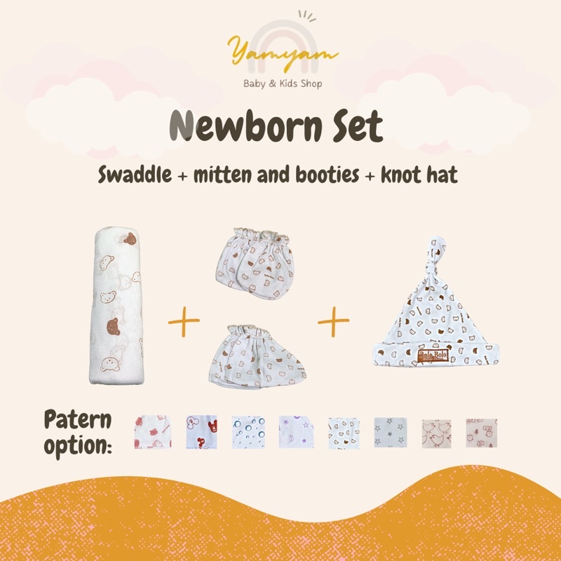 newborn set bedong set package paket bayi baru lahir sweaddle mitten booties knot hat bedong sarung tangan kaki sartaki stk topi bayi bolo bolo diti baby