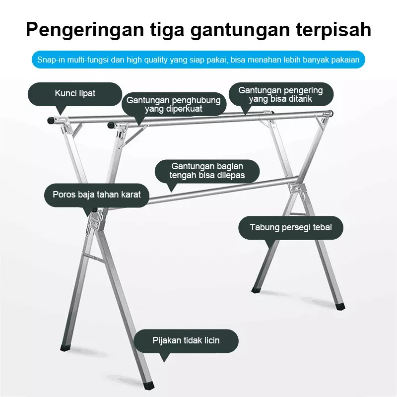 COD Rak Jemuran Baju Lipat Stainless Steel Gantungan Pakaian Anti Karat Kuat Tempat Jemuran Portable