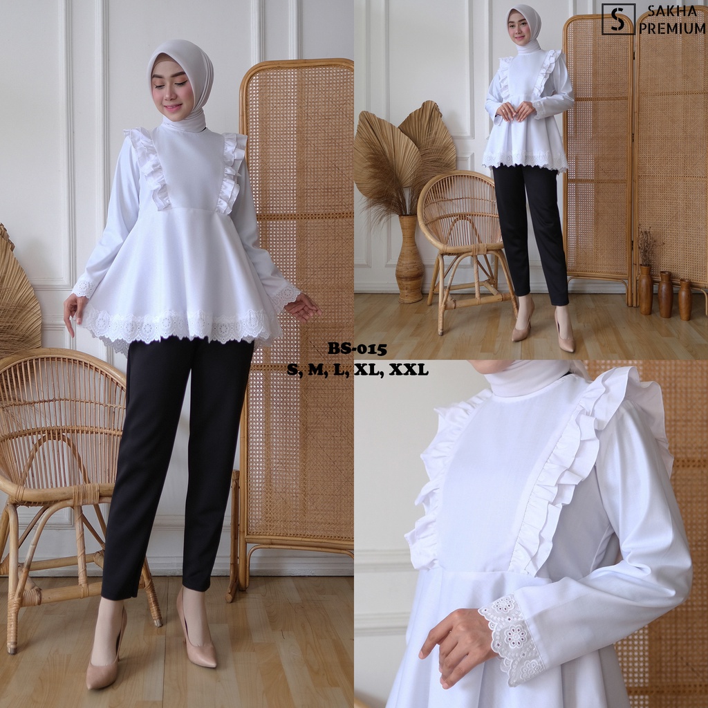 Sakha - BS 015 Pakaian Blouse Atasan Putih Wanita Kerja Casual Fashion Muslim Baju Putih Terlaris PNS