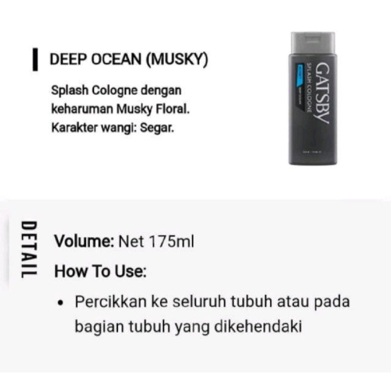 GATSBY COLOGNE 175ML / GATSBY MINYAK WANGI / PARFUM PRIA GATSBY 175ML