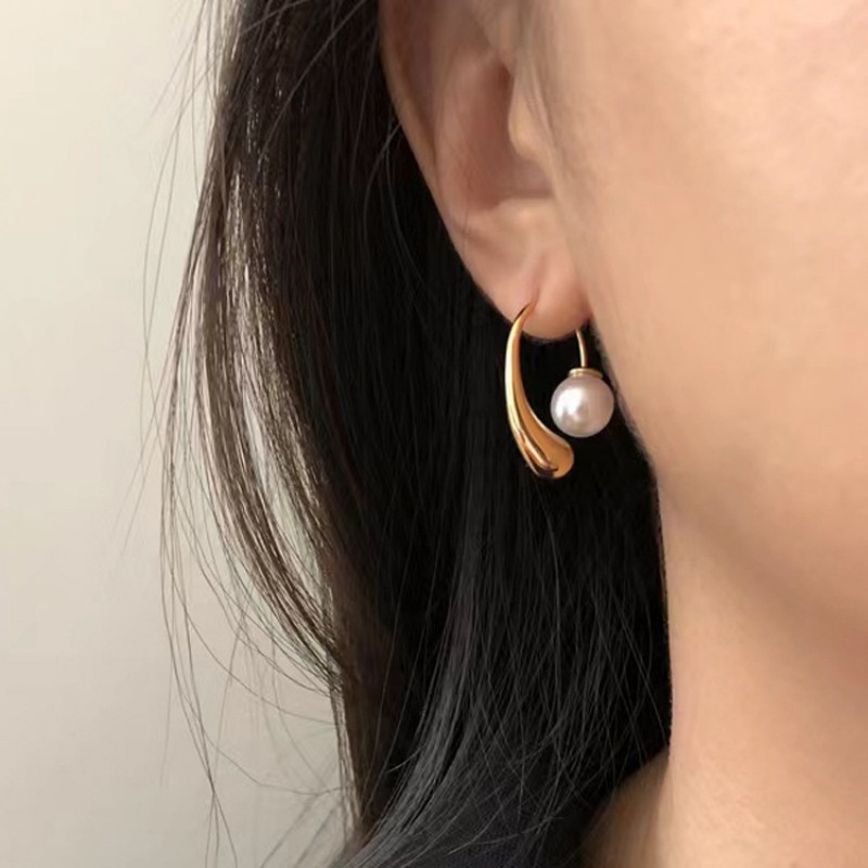 Anting Emas Korea Anti Karat/Anting Pejantan Mutiara Bentuk Tetesan Air Elegan/Wanita Indah Telinga Studs Perhiasan Pesta Pernikahan