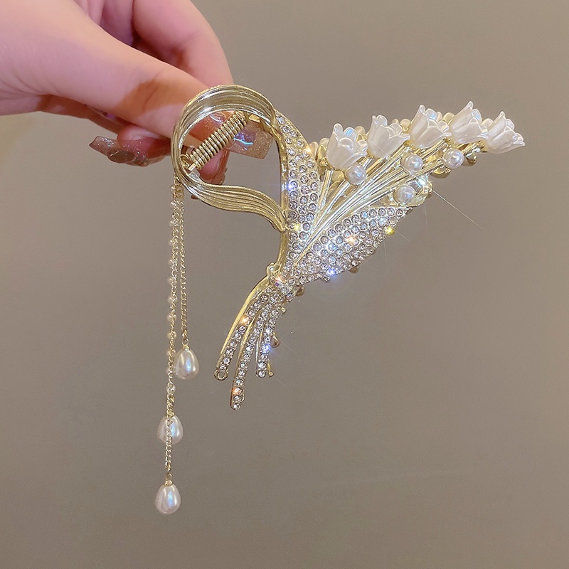 Rice Flower Flowing Supan Hair Grabbing Pearl Aksesoris Rambut Musim Panas Bunga Sandwich Hiu Metal Untuk Wanita