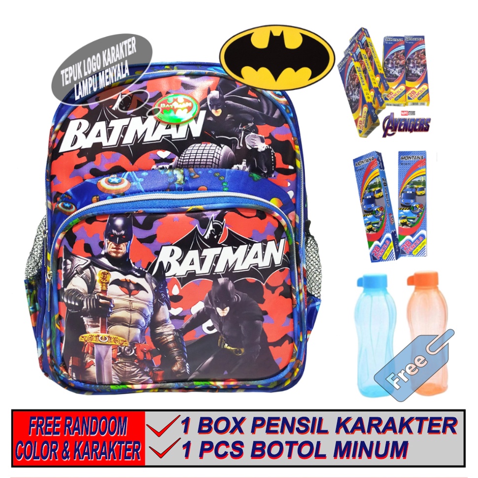 Tas Ransel Anak Laki laki Paud / Tk Led Lampu Nyala karakter BATMAN FREE BOTOL