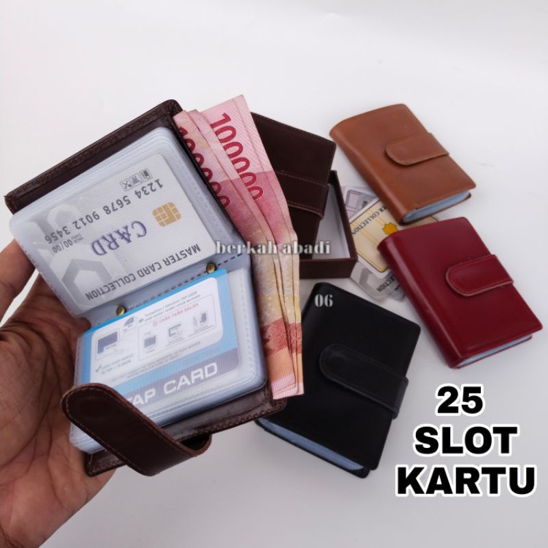 Card Holder Dompet kartu Kancing Polos Bahan Kulit Asli