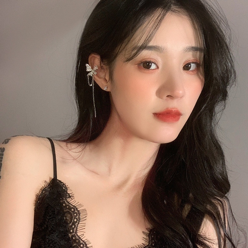Papaozhu Korea s925 Perak Rantai Panjang Kupu-Kupu Klip Anting-Anting Untuk Wanita Gadis Tidak Teratur Berlian Imitasi Kecil Studs Rumbai Cuff Earrings Fashion Perhiasan Hadiah