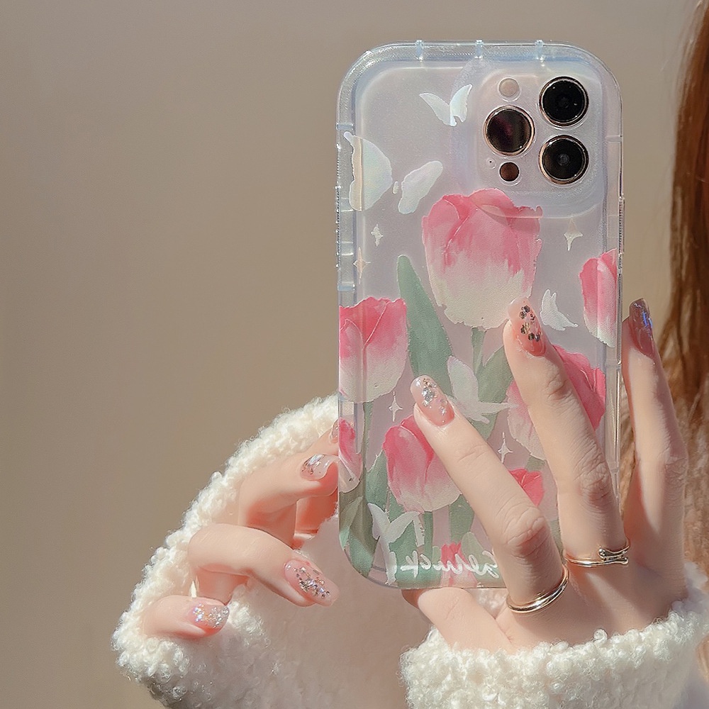 IPHONE Musim Semi Pink Tulip Lukisan Minyak Transparan Penuh Perlindungan Lembut TPU Ponsel Case Cover Shell Kulit Untuk Iphone11 12 13 14 PLUS PRO MAX