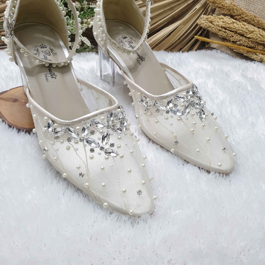 Sepatu wedding pesta cantik Manda broken white 7cm kaca