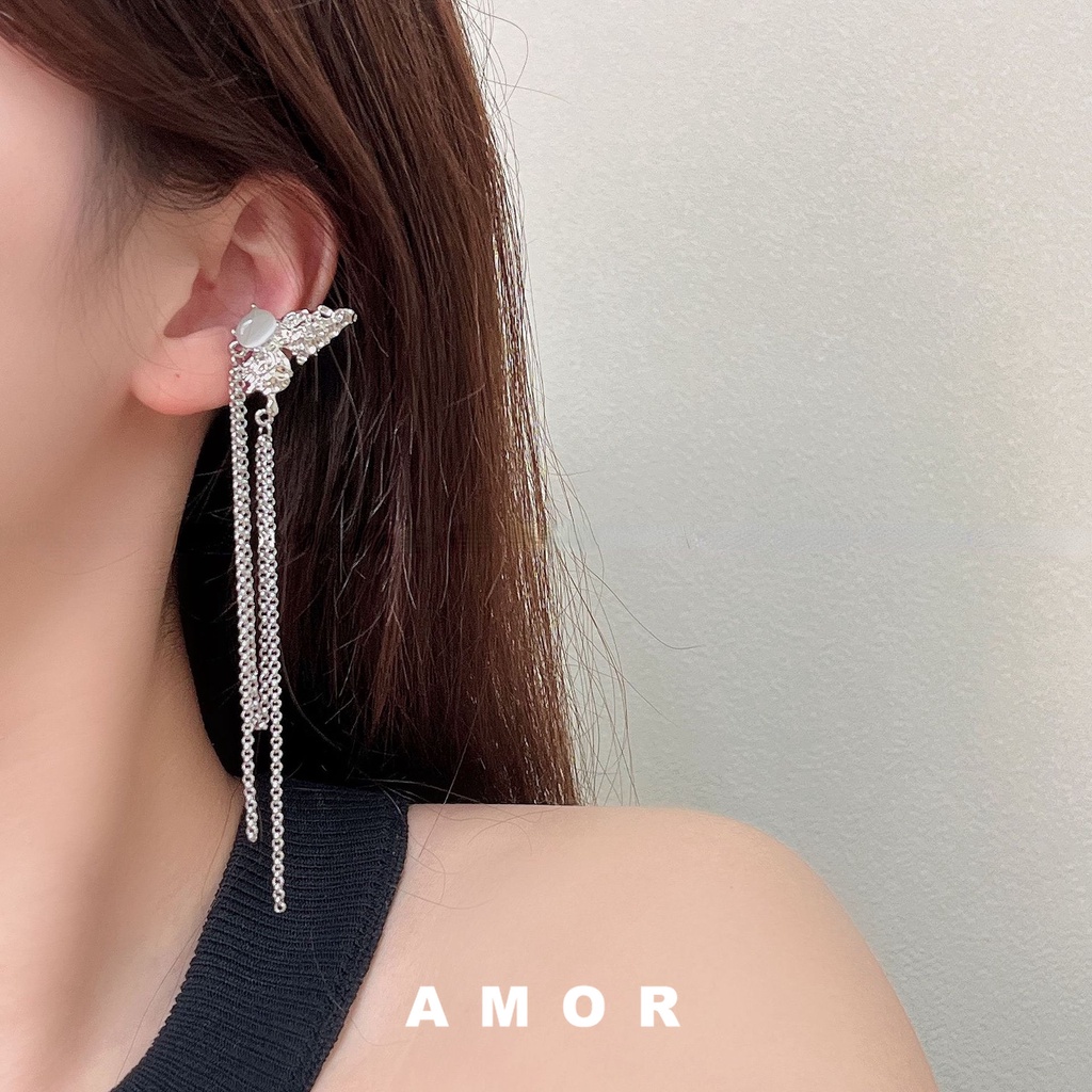 Tulang Telinga Rumbai Panjang Dengan Sayap Kupu-Kupu Batu Terang Bulan Perempuan ins Tanpa Lubang Telinga ear clip earrings