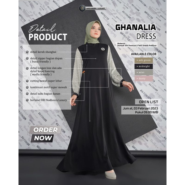 PREMIUM DRESS GHANALIA BY NADHEERA LUXURY/DRESS/GAMIS MOTIF POLOS BAHAN ADEM HALUS
