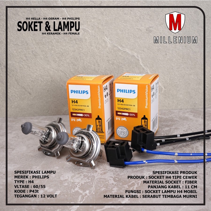 SOKET LAMPU H4 FEMALE DENGAN LAMPU H4 60/55W 12V PHILIPS HELLA OSRAM