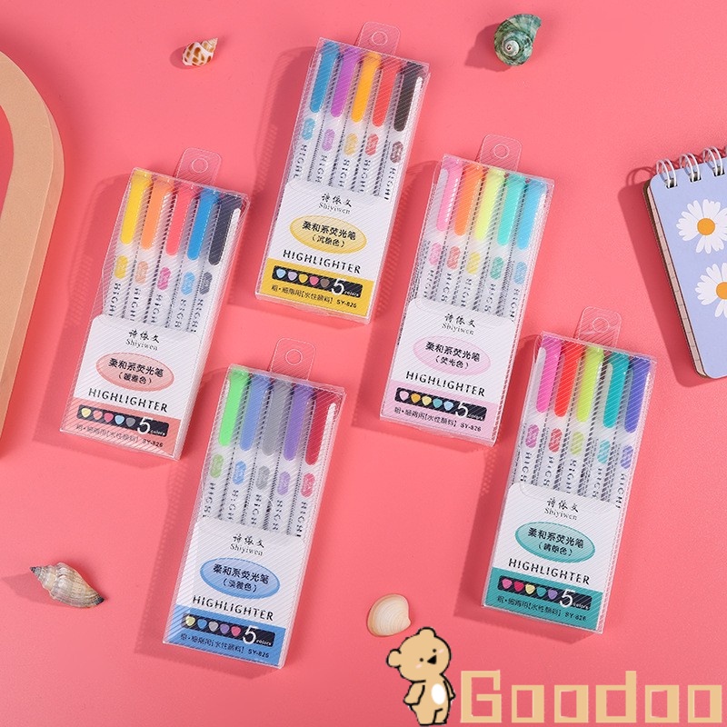 6PCS Warna Berkepala Dua Stabilo 6-Warna Penanda Garis Kunci Spidol Grafiti Miring Kepala Pena-Doo