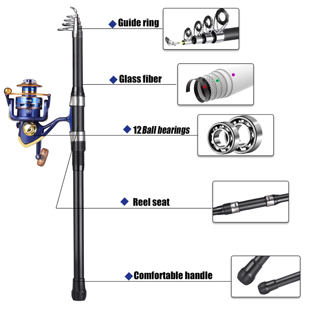 Glass Fiber Fishing Rod Pancing Telescopic Fishing Rod 2.1M-2.7M Ultralight Weight And Fishing Reel Gear Ratio 5.2:1 Spinning pancingan set lengkap Joran Pancing Set