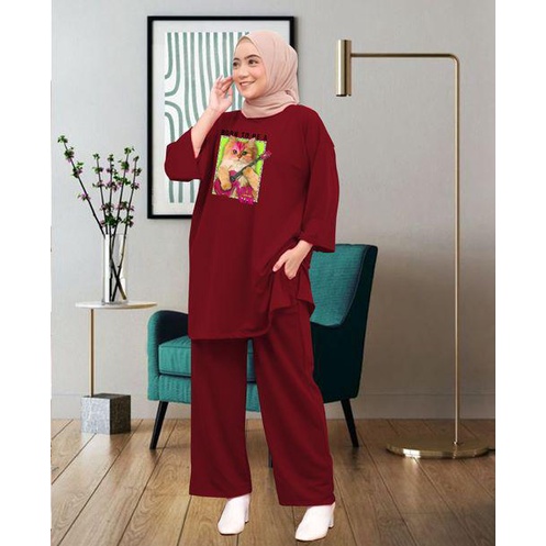 SETELAN CELANA 1 SET WANITA LD 130CM DTF KUCING GITAR