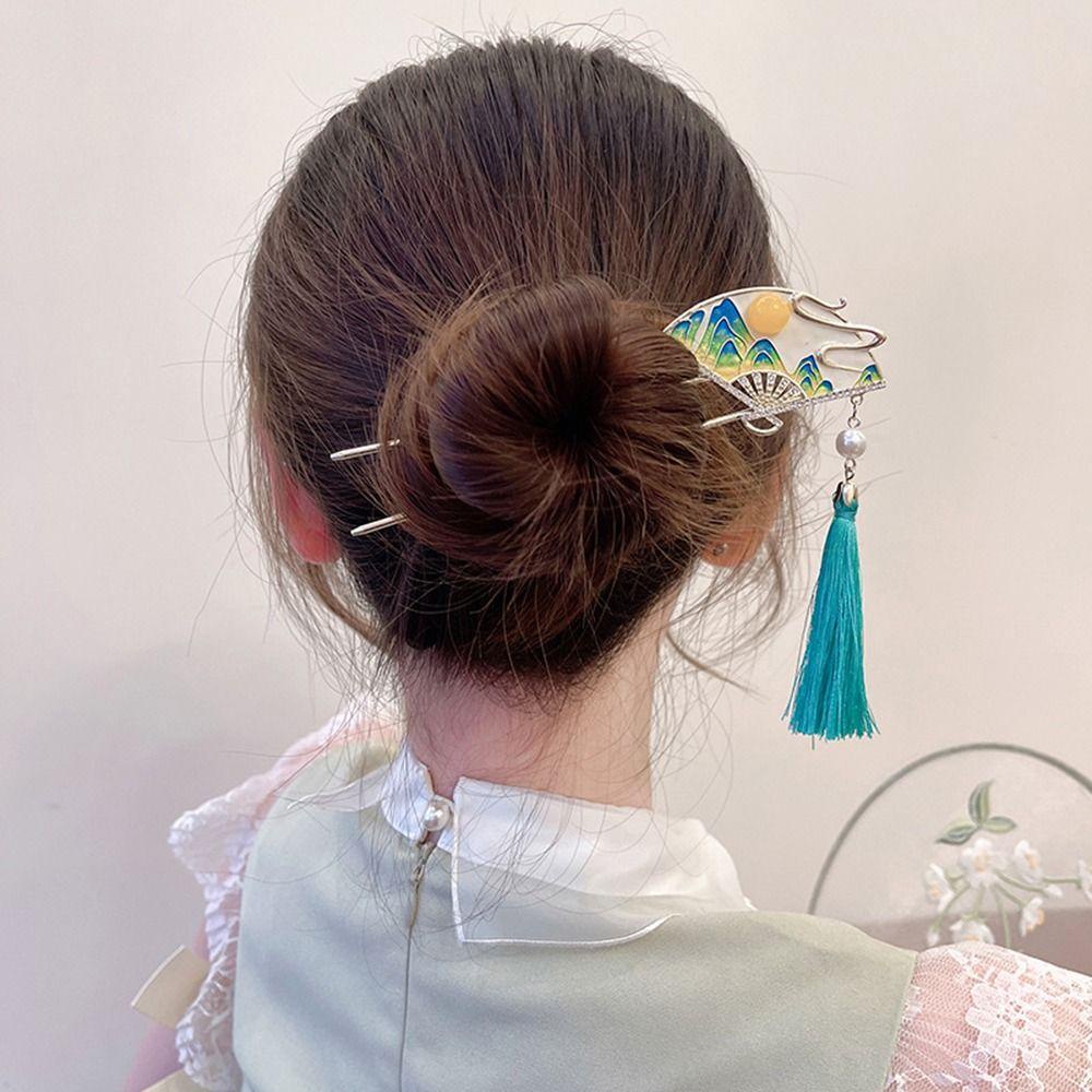 Needway Kipas Rambut Cakar Hiu Klip Elegan Retro Untuk Gadis Rambut Klip Rumbai Ponytail Holder Hiasan Kepala Cheongsam Hiasan Kepala Gaya Cina Rambut Tongkat