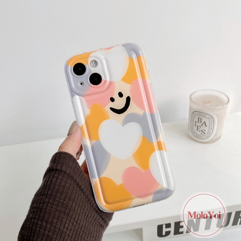 IPHONE Kartun Smiley Case Warna-Warni Cinta Hati Kompatibel Untuk Iphone11 14 13 12 Pro MAX XR 6 6S 78 Plus X XS MAX Shockproof Airbag Lembut TPU Silicon Back Cover