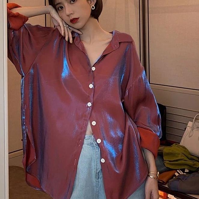 ► Lebaran • Raya Shimmering / shimmer shirt kemeja  mengkilap silk kemeja TOP ➽