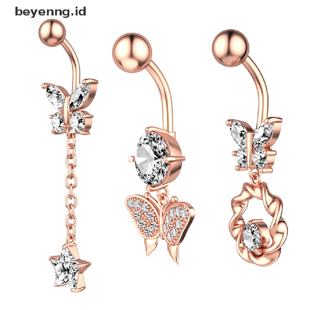 Beyen Cincin Pusar Perut Buncit Kristal Kupu-Kupu Stainless Steel Perhiasan Tubuh ID