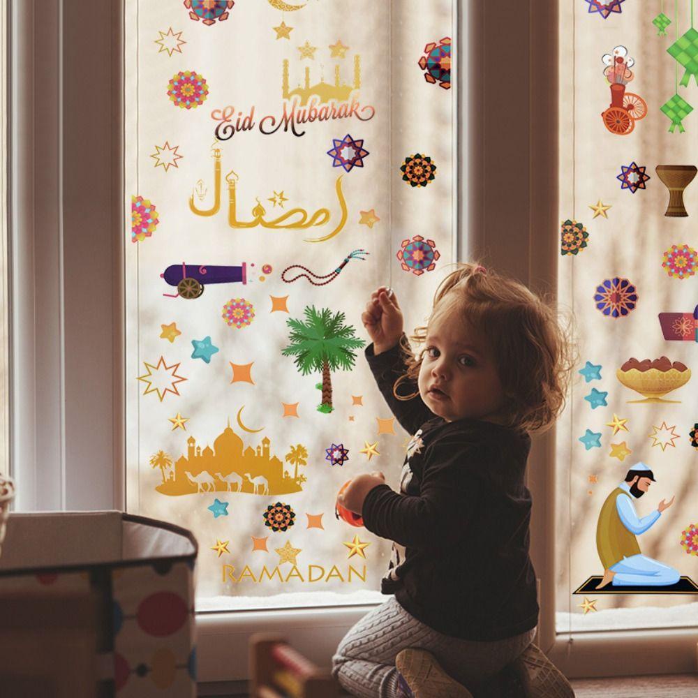 Populer 1set Eid Mubarak Statis Stiker Multicolor Perlengkapan Pesta Festival Islami Jendela Decals