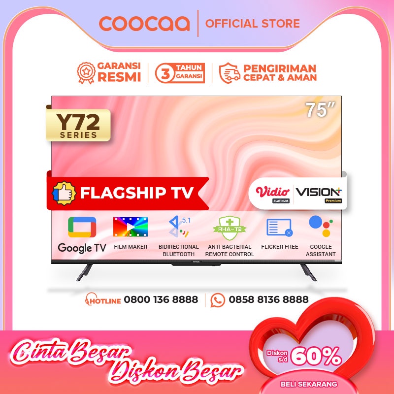 COOCAA 75 Inch Smart LED TV - Netflix & Youtube - Dolby - WIFI - Flicker Free (COOCAA 75Y72)