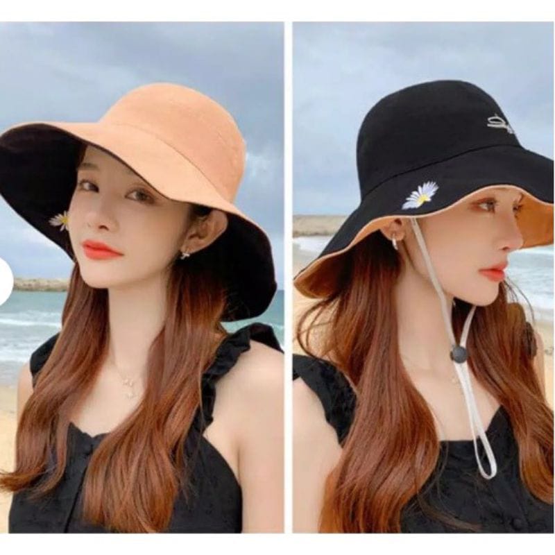 Topi Wanita Bucket Topi Pantai Bunga Daisy 2 Warna Luar / Dalam Import