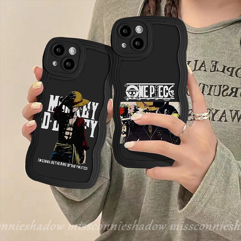 IPHONE Casing Ponsel Anime One Piece Merek Trendi Kompatibel Untuk Iphone11 Pro Max XR 78 Plus X XS Max 13 11 12 14 Pro Max 14 6s 6 Plus SE 2020 Kartun Luffy Lembut Tpu Hitam Bergelombang Penutup Tepi