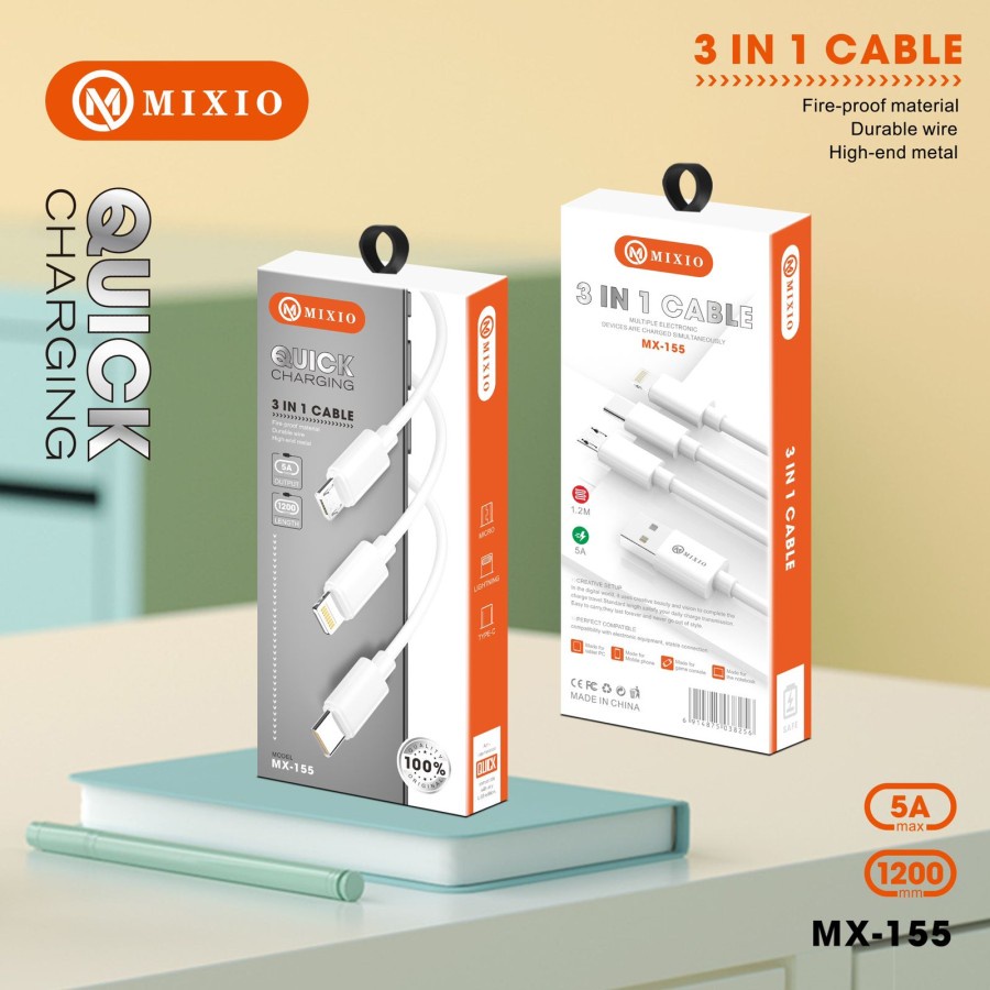 MIXIO MX-155 Quick Charging 3in1 Cable 1.2M for PC/HP/Game Console