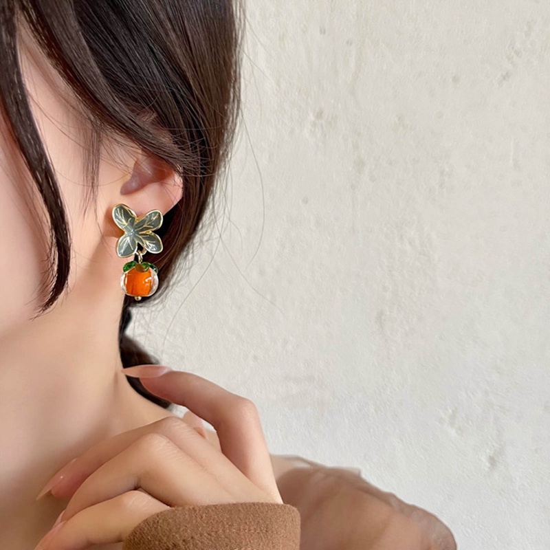 Gaya Korea Kesemek Beruntung Pastoral Kaca Cherry Klip Anting Musim Panas Buah Jeruk Klip Anting-Anting Tanpa Tindik Perhiasan Telinga Gadis