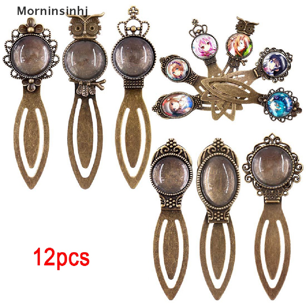 Mornin 12Pcs 6model Perunggu Antik Bookmark Liontin Tray Kaca Cabochon Kerajinan DIY id