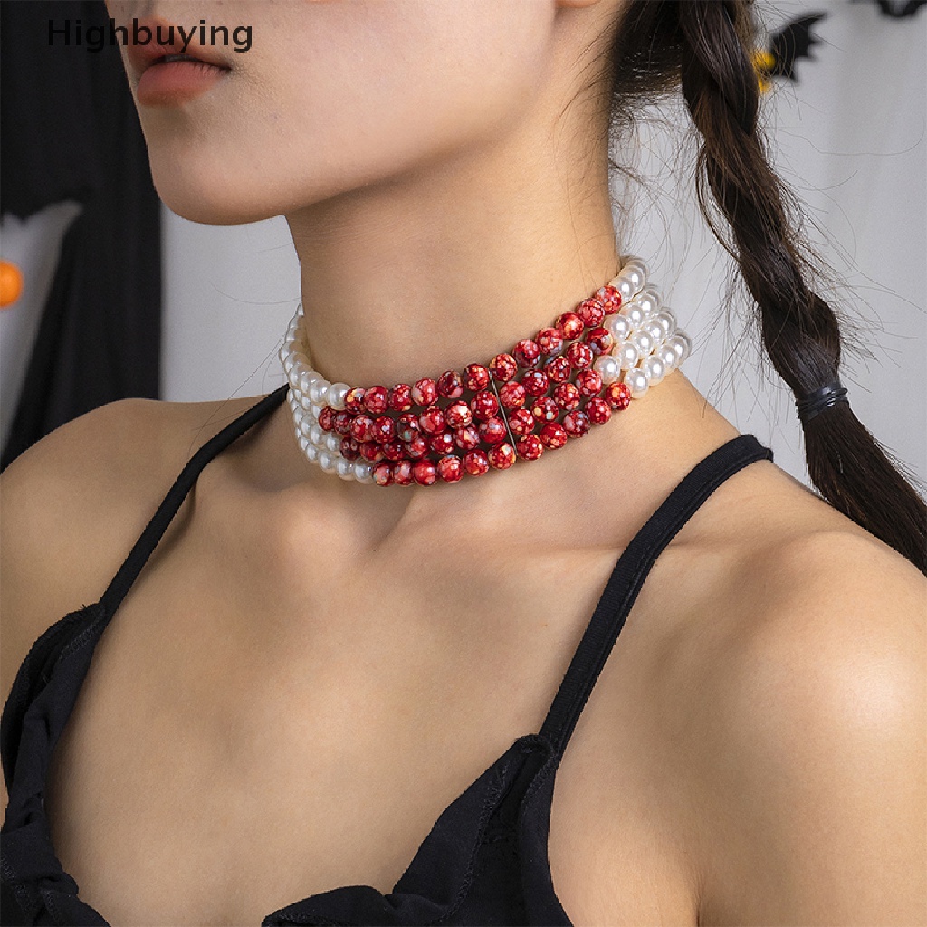 Hbid Fashion Gothic Halloween Pola Darah Kalung Mutiara Multilayer Mutiara Manik-Manik Choker Kalung Untuk Wanita Perhiasan Halloween Hadiah Kalung Pesta Perhiasan Hadiah Glory