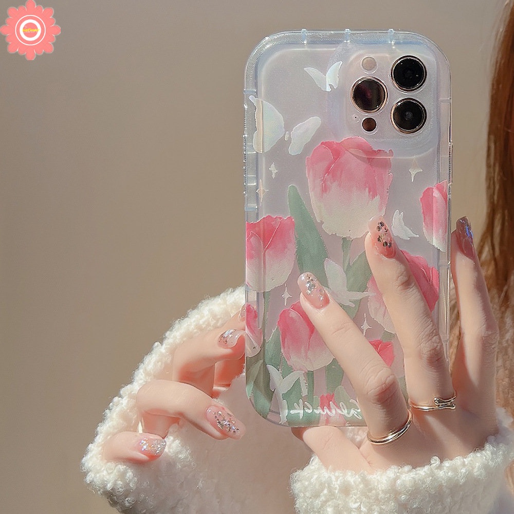 IPHONE Airbag Shockproof Case Kompatibel Untuk Iphone7 8 Plus 6 6S 11 14 13 12 Pro MAX XR X XS MAX Spring Fresh Flower Fantasy Butterfly Tulips Transparan Soft Casing Cover