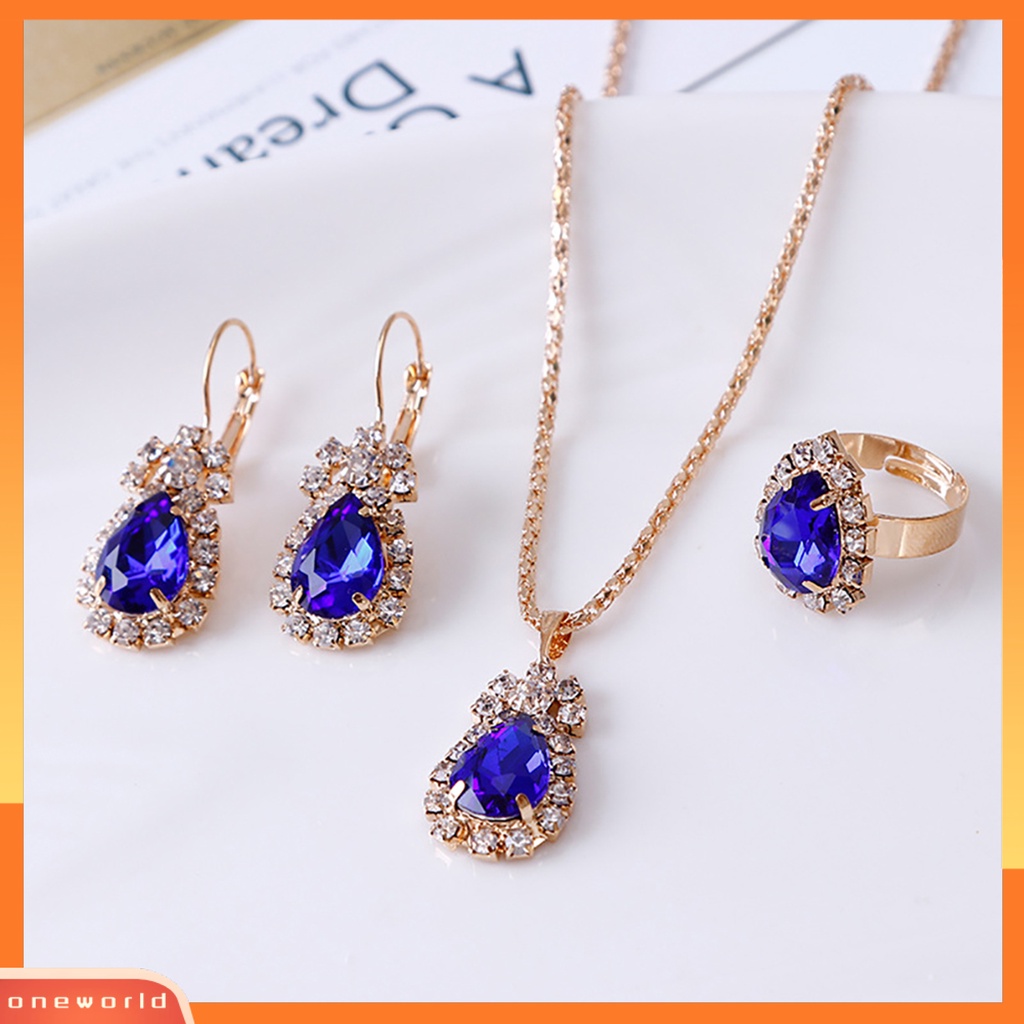 OW@ Jewelry Set Eye-catching Easy Matching Women Waterdrop Shiny Rhinestone Necklace Ring Earrings for Party