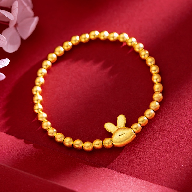 Goldkingdom Perhiasan Fashion Emas Asli Kadar 375Bangkok Aksesoris Ready Stock Zodiak Cina Tahun Kelinci Hidup Ini Tali Gelang Kelinci Lucu Manik-Manik Kekayaan