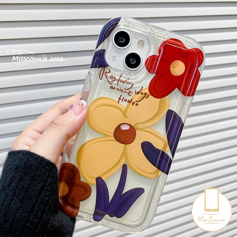 Ins Korea Lukisan Cat Minyak Case Kompatibel Untuk iPhone 7Plus 8Plus 11 13 12 14 Pro Max X XR 6 6s 8 7 Plus XS Max SE 2020 Fashion Bunga Lembut Tpu Shockproof Airbag Phone Cover