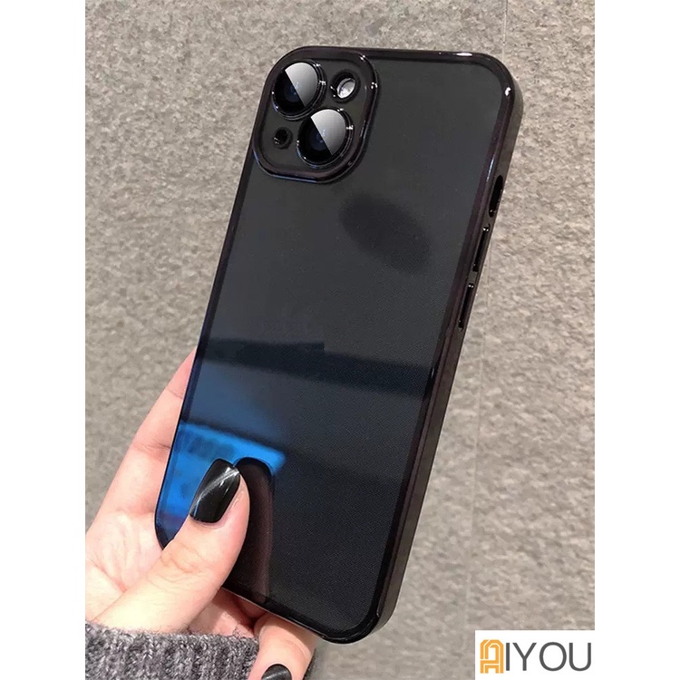 IPHONE Casing Transparan Plating Tepi Persegi Untuk Iphone14 13 12 11 Pro Max Plus X XR XS SE 2022 7 8 Pelindung Lensa Soft Silicone Cover