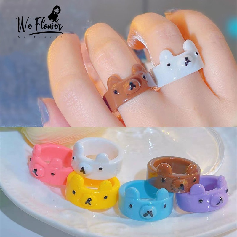 We Flower Lovely Rainbow Beruang Akrilik Cincin Untuk Wanita Gadis Anak Lucu Resin Stackable Rings Fashion Persahabatan Pasangan Cincin Jari Perhiasan Hadiah
