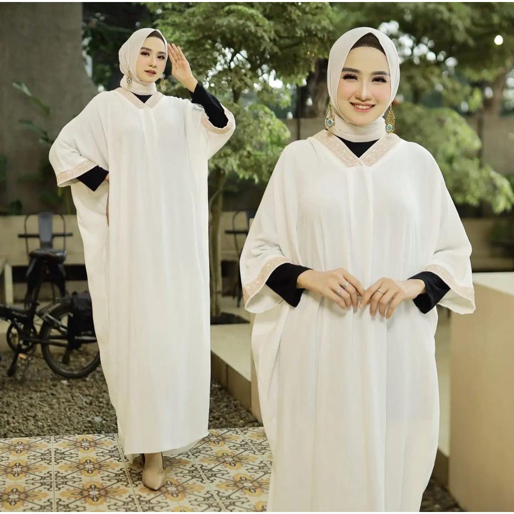 Prily Kaftan Oversize Matrial Cringkel Aplikasi Renda Fit L - XXL Baju Wanita Casual Semi Dress Terbaru 2023 Pakaian Lebaran Cewek Masakini Fashion Muslim Cantik Outfit Perempuan Model Kekinian Gaun Putih Polos Gamis Dres XXL Ootd