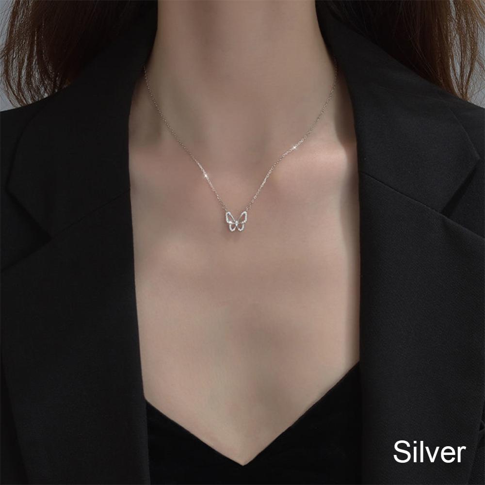 Timekey Berongga Kupu-Kupu Berlian Kalung Temperamen Sederhana Klavikula Rantai Kalung Paduan Kalung Perhiasan P5Z1
