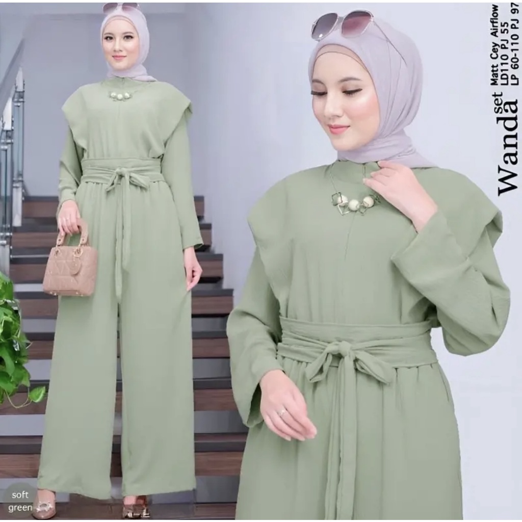 Olive Setelan Wanita Kekinian Crinkle Airflow Fashion Muslim Terbaru Oneset Tali Pinggang Korean Style Daily Set Viral