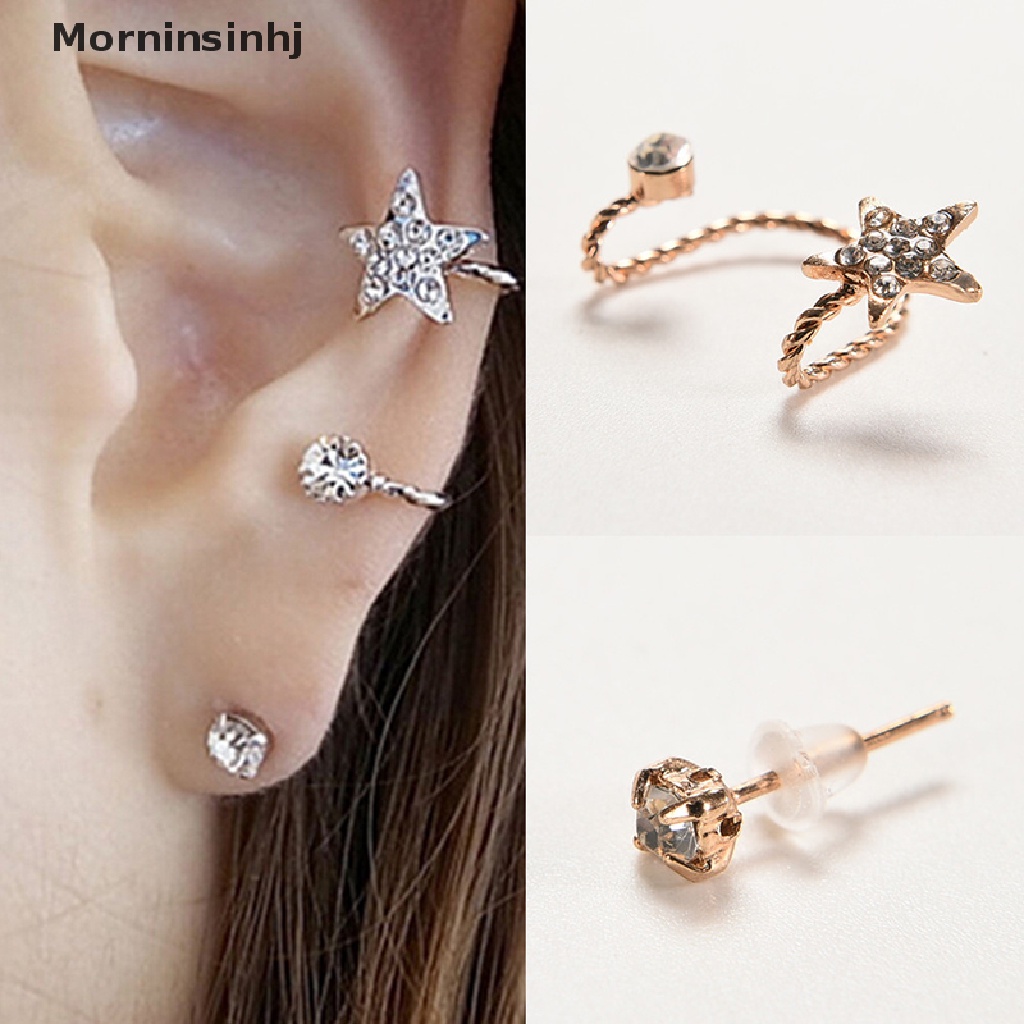 Mornin Wanita Fashion Berkilau Kristal Pentagram Telinga Klip Trendi Manset Telinga Stud Earings id