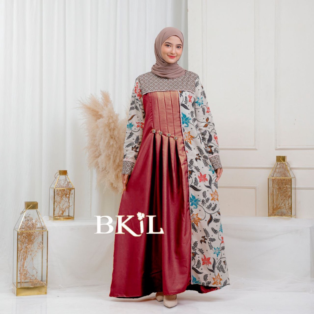 Couple Batik Keluarga Gamis Prili Teratai mix Crep Maroon