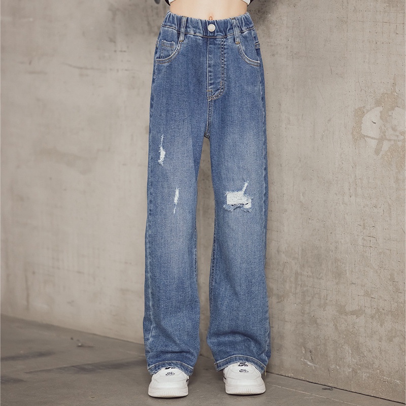 JNS2-Celana Jeans Panjang Anak Perempuan Wide Leg Straight Cut Ripped