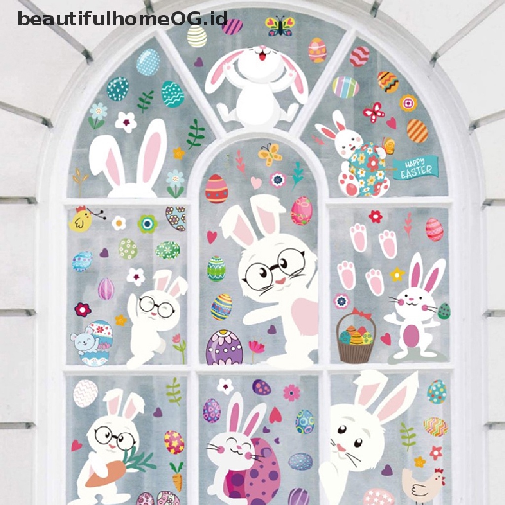 // Beautifulhomeog.id// 9Pcs Stiker Jendela Kaca Happy Easter Colorful Bunny Eggs Wall Sticker 20x30cm **