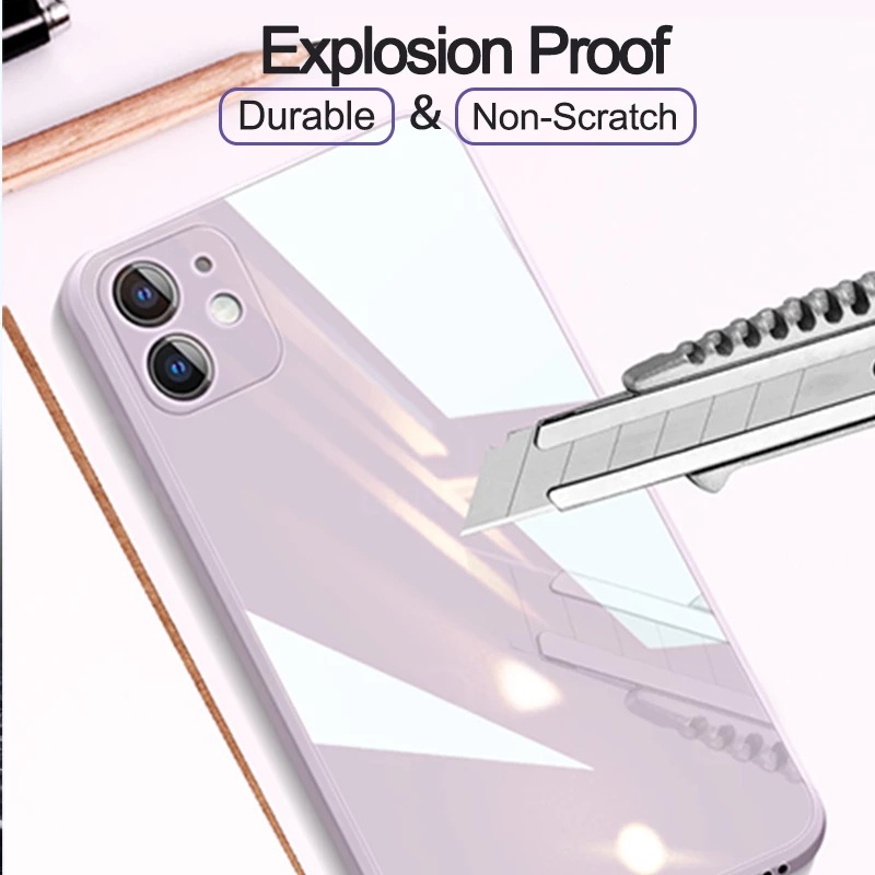 New Advanced Light-Sensitive Smooth Straight Edge Solid Color Tempered Glass Case For iphone 14 13 12 11 ProMax X XS Max XR 7 8 Plus Silicone Soft Edge